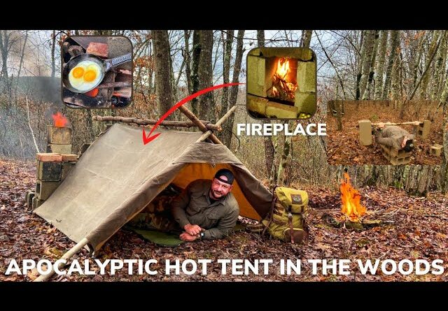 Solo Overnight Building a Post-Apocalyptic Hot Tent with a Fireplace and Bacon Ribeye Potato Skillet