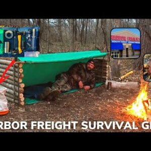 Solo Overnight Doing A $100 Harbor Freight Survival Challenge In The Woods And Ribeye On A Stick