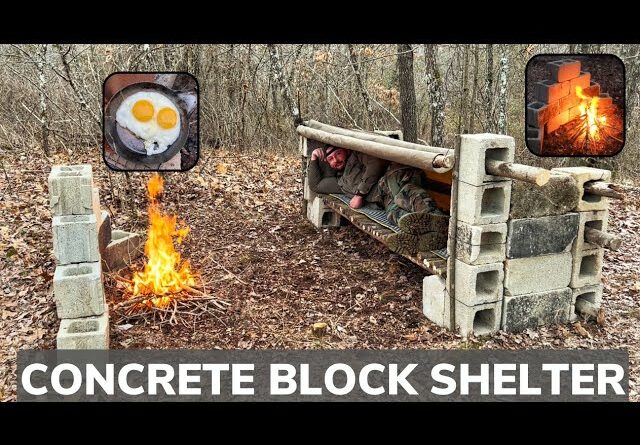 Solo Overnight Building a Concrete Block Shelter In the Woods and a Ribeye Skillet