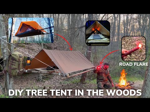 Solo Overnight Building a DIY Tree Tent in The Woods and Bacon Wrapped Kielbasa