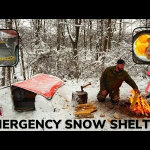Solo Overnight Building An Emergency Shelter In The Snow And Steak With Eggs