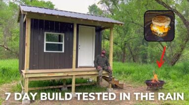 Solo Overnight Finishing The Cabin In The Swamp During A Rainstorm And Campfire Egg Mcmuffin