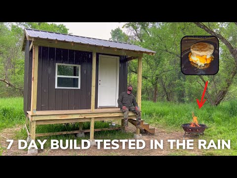 Solo Overnight Finishing the Cabin In the Swamp During a Rainstorm and Campfire Egg McMuffin