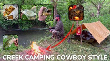 Solo Overnight Cowboy Camping Next To A Creek, Fishing, Lead Ball Casting And Fish Tacos