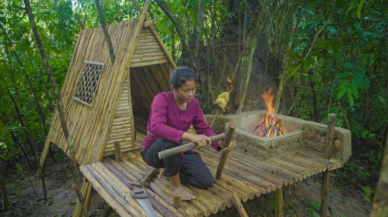 Amazing Girl Build Log Cabin House Alone In the Wild, Amazing  Girl Building Skills