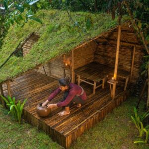 Decoration And Grass Roof Added To Girl Bamboo House Build With Ancient Skills