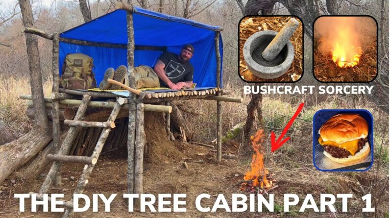 Solo Overnight Building a DIY Tree Cabin in The Rain and Bison Cheeseburgers