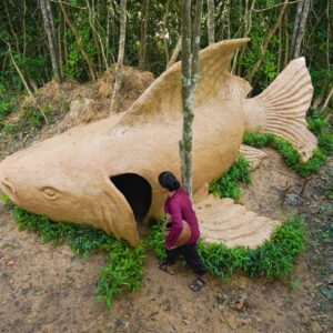 How To Build The Most Beautiful Gold Fish Shape Shelter By Ancient Skills