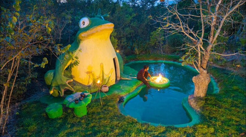 Complete Build Frog House with Around Swimming Pool, Girl Solo Bushcrafts Survival Skills Primitive