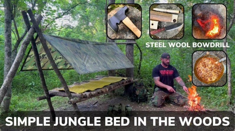 Solo Overnight with No Plan Building a Jungle Bed and Steel Wool Bowdrill Fire in the Rain and Chili