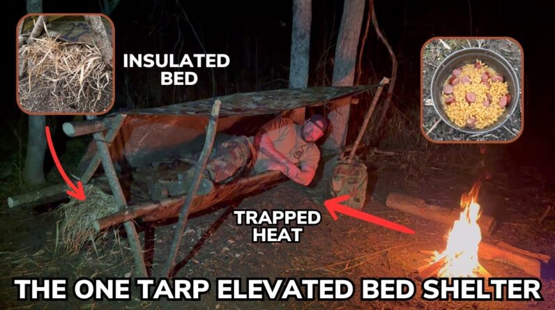 Solo Overnight Building a One Tarp Elevated Bed and Insulated Shelter in the Mud and Kielbasa