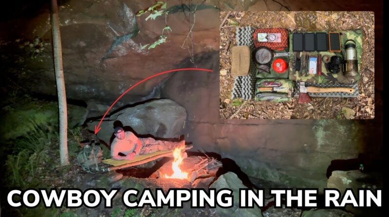 Solo Overnight Cowboy Camping Under a Rocky Overhang During a Rainstorm and Campfire Ravioli